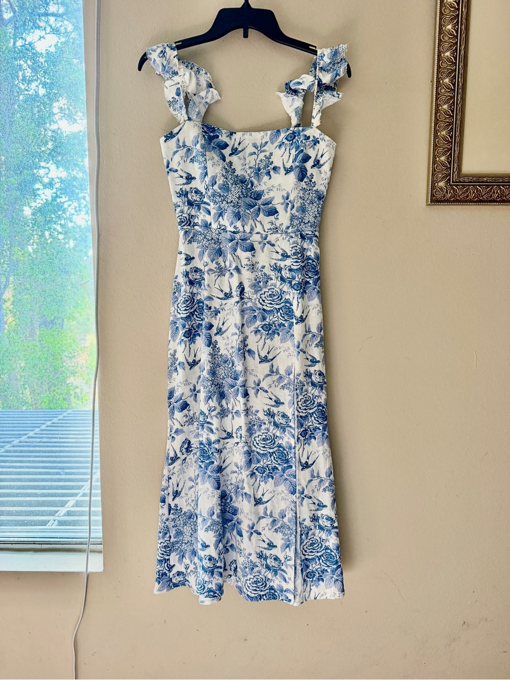 Reformation Blue Floral Ruffle-Strap Midi Dress